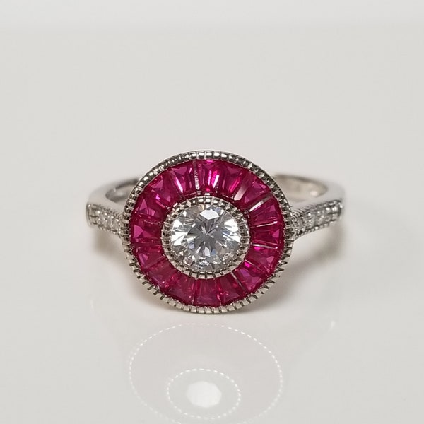 Size 6 7 or 8 Estate Silver Sterling 925 Natural 1ct Red Spinel and White CZ Diamond Princess Cocktail Ring Ruby GQ12-01