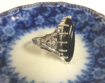 Maat 5 6 8 9 Estate sterlingzilver 925 zwarte 8 kt onyx filigraan Victoriaanse Lady Liberty-ring antieke stijl JL975