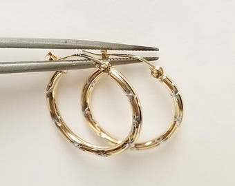 3/4" Estate 14k Yellow White Gold 2mm Diamond Cut Hoops Earrings Medium Birthday GC26-06