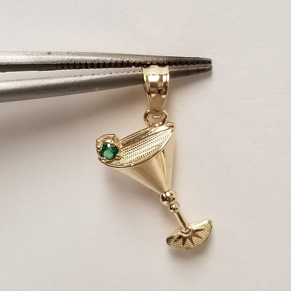 3/4" Estate 14k Yellow Gold Created CZ Emerald .03ct Martini Drink Charm or Pendant G488