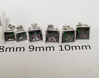 Sterling Silver 925 Princess Cut Mystic Gemstone Topaz Earrings Studs Stunning 5mm 6mm 7mm 8mm 9mm 10mm Square E33