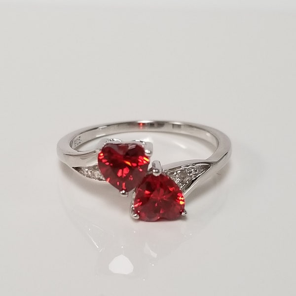 Sterling Silver 925 .50ct Garnet or Ruby By Pass Double Heart Ring Cz Diamond Ring S274