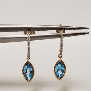 7/8&quot; Estate New 14k Yellow Gold Natural 1ct Aquamarine .10ct Diamond Dangle Earrings OJ44