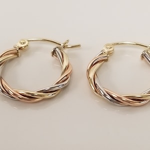 5/8" Estate New 10k Yellow White Rose Gold Tri Color Twisted Hoops Dangle Earrings G436