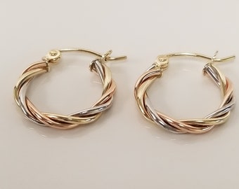 5/8" Estate New 10k Yellow White Rose Gold Tri Color Twisted Hoops Dangle Earrings G436