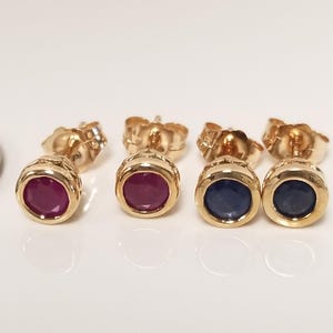5.5mm Estate 10k Yellow Gold Natural .50ct Ruby or Sapphire Earrings Crown Studs Blue Red CHOICE Bezel Set TR1