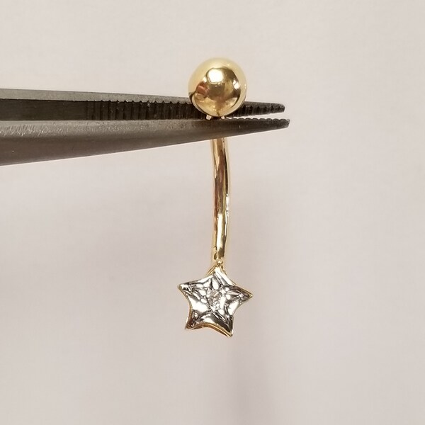 Sale Estate 14k Yellow White Gold .02ct Diamond Star Belly Ring Piercing Ball Dangle DJ66-03