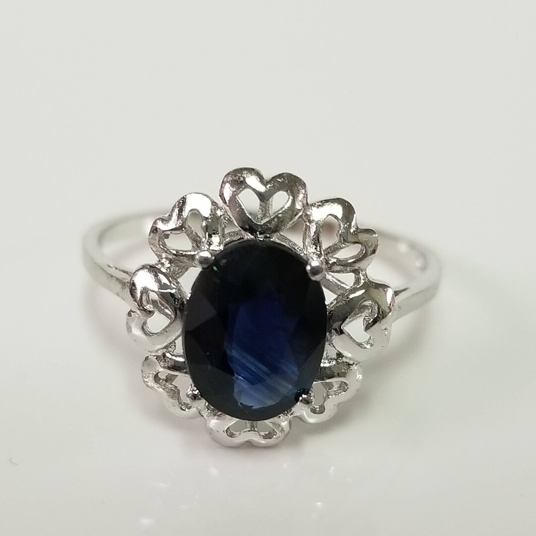 Size 6.5 Estate 9k White Gold Natural 1.5ct Blue Sapphire Filigree