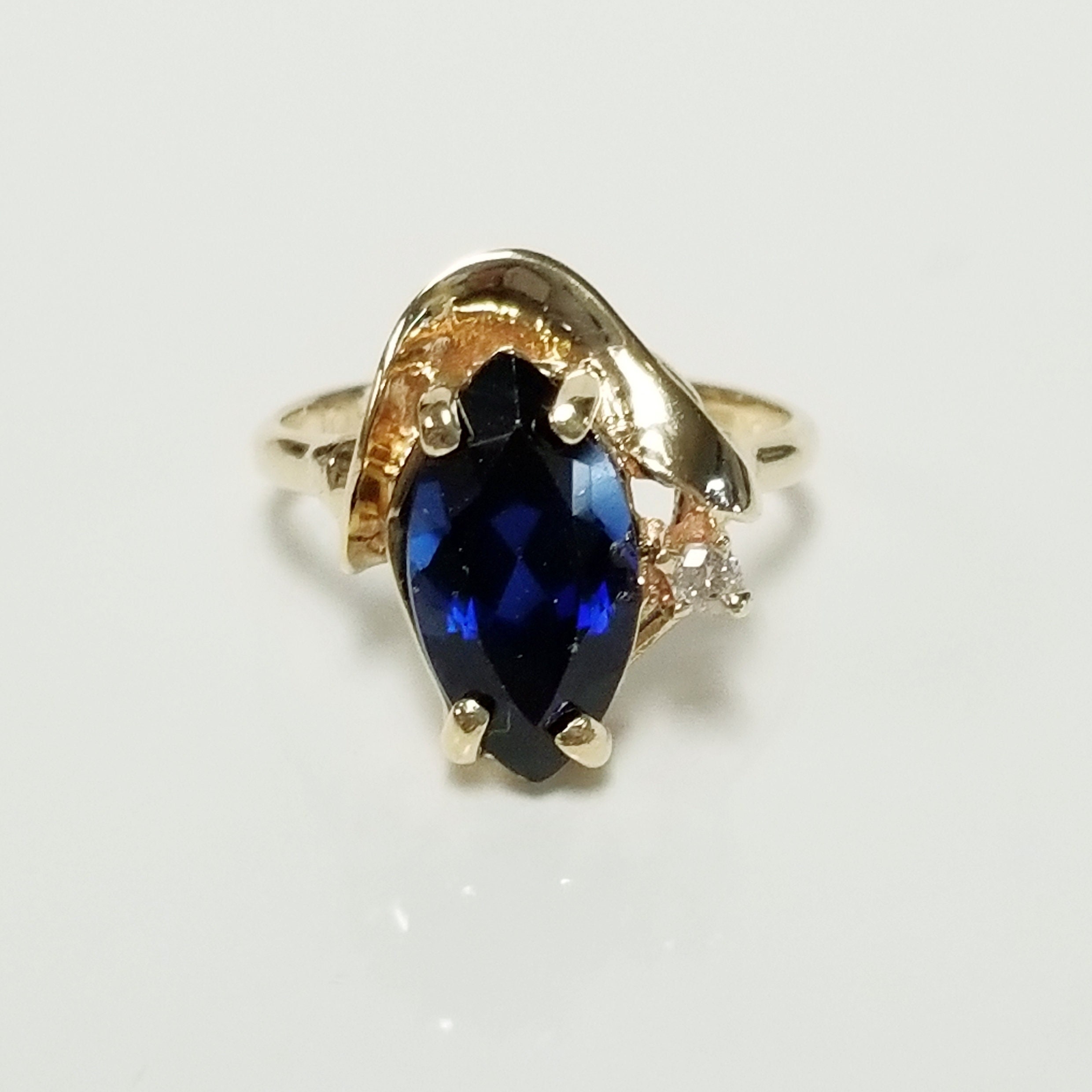Size 4.5 Estate 10k Yellow White Gold Created 2ct Marquise Blue Sapphire Diamond Ring Cocktail Anniversary GS1522-04