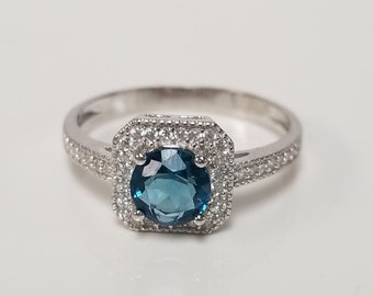 Bague halo de diamants R7 en argent sterling successoral 925, topaze bleue 1 carat et topaze bleue 1 carat, taille 7 ou 8