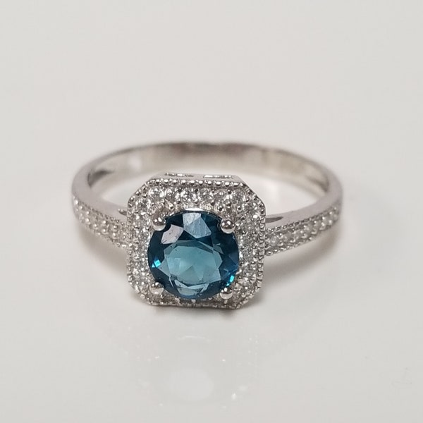 Size 7 or 8 Estate Sterling Silver 925 Natural London 1ct Blue Topaz Zircon Cz Diamond Halo Ring Band  R7