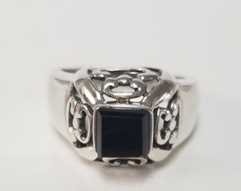 Size 8 Estate Sterling 925 Silver 1ct Black Onyx Filigree Ring Cocktail Stunning