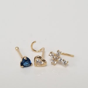 New 14k Yellow Gold Blue Sapphire White CZ .05ct Diamond Cross Nose Stud Piercing Twist Hook Studs GE367