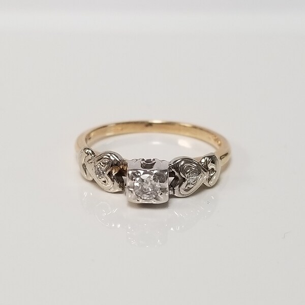 RESERVED Not for Sale Size 6.5 Estate 14k Yellow White Gold .15ct Diamond Heart Triple Hearts Engagement Ring 1920's Single Cut RY51-0