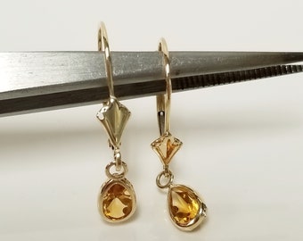 7/8" Estate 14k Yellow Gold Natural Tear Drop Pear .50ct Honey Lemon Citrine Dangle Lever Back Earrings .50ct G458