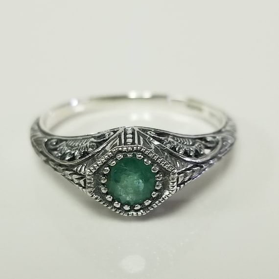 Ring Size or Estate Silver Sterling 925 Genuine Natural Emerald  Antique Ring Band Filigree MS117-E