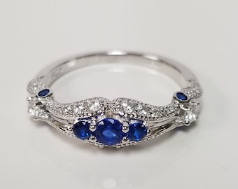 Estate Sterling Silver 925 Created Blue Sapphire Cz .50ct Diamond Princess Round Cut Stone Vintage Antique Ring Band Size 5 10 SWCZ12-2