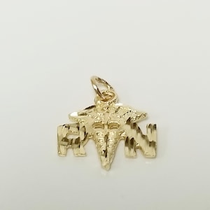 May include: A gold-colored pendant featuring the letters "RN" with a medical symbol in the center. The pendant is likely made of gold and has a textured surface. The design is a symbol of the nursing profession.