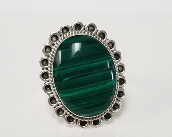 Size 6.25 Estate Sterling Silver 925 Oval Cut 6ct Malachite Ring Band Southwestern