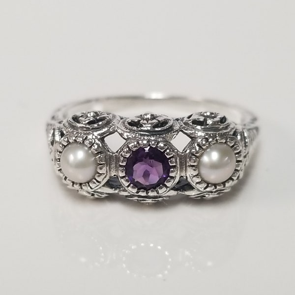 Estate Sterling Silver 925 Natural Amethyst Pearl Cocktail Filigree vintage Antique Style Ring Band JL511