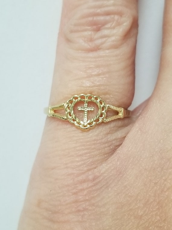Size 4 New 14k Yellow Gold Heart Cross Bead Ball Filigree Band