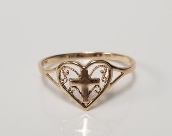 Size 6.75 Estate 14k Yellow Gold Cross Heart Filigree Victorian Band Ring G55