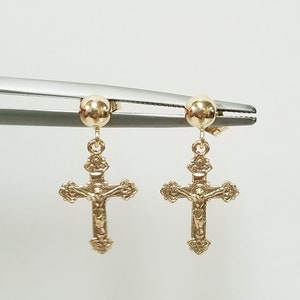 Sale 5/8&quot; Estate 14kYellow Gold Ball Christ Cross Earrings Studs Baptism GE13TS
