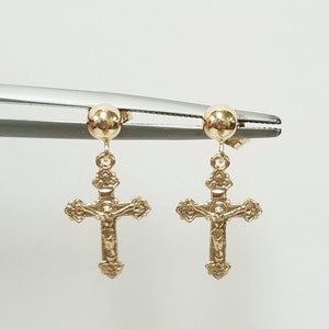 Sale 5/8" Estate 14kYellow Gold Ball Christ Cross Earrings Studs Baptism GE13TS