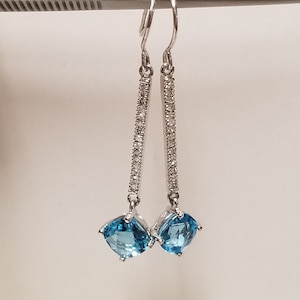 1.25&quot; Estate 10k White Gold Natural Blue 2ct Aquamarine with .15ct Diamonds Earrings Dangle Hook Bar Cushion Cut BC45-02