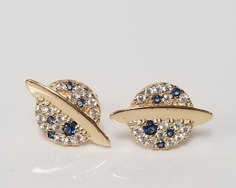 Sale Estate New 14k Yellow Gold .25ct Cz Diamond Blue Sapphire Planet Saturn Illusion Earrings Studs Stud Anniversary Birthday GE38