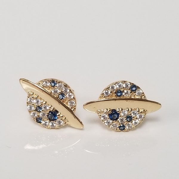 Sale Estate New 14k Yellow Gold .25ct Cz Diamond Blue Sapphire Planet Saturn Illusion Earrings Studs Stud Anniversary Birthday GE38