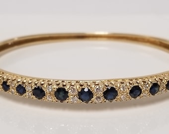 14.25 Grams Sale 2.25" Estate 14k Yellow Gold Natural Blue 1ct Round Sapphire Diamond Bracelet Bangle Cuff Safety Chain GS2621-03