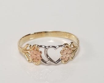 Size 7 Estate 10k Yellow White Rose Gold Heart Flower Ring Sweetheart Midi Hearts Band Promise G52-1