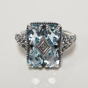 Größe 6 7 8 Objekt Silber Sterling 925 Natürliche 2ct Aquamarin Blautopas Zirkon Diamant filigrane Antik Ring Atemberaubend MS1-1