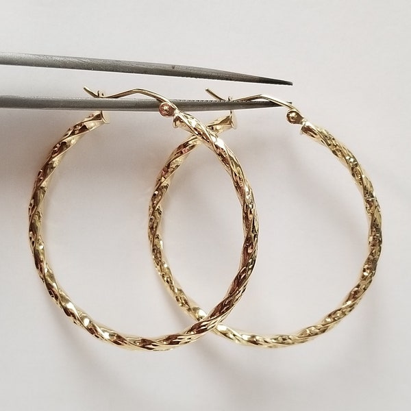 35mm 1.25" Estate New 10k Yellow Gold Large Medium 2mm Twist Diamond Cut Hoops Earrings G214