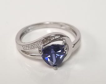 Size 6 6.75 7 7.5 or 9 Estate Sterling Silver 925 Created .50ct Trillion Cut Tanzanite Diamond Ring Promise Old Stock R46