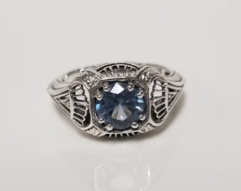 Estate Sterling Silver 925 Natural .50ct Blue Topaz Zircon Filigree Antique Victorian Ring Band JL319