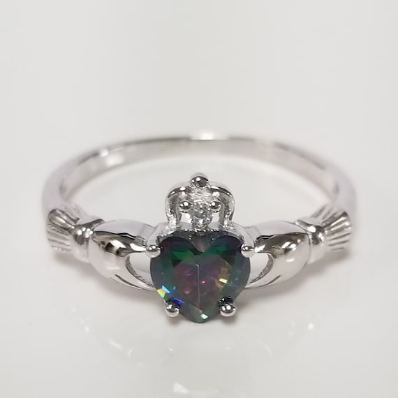 Misura Da 2 A 9 Anello A Forma Di Cuore In Argento Sterling 925 Con Topazio Mistico Da 0,50 Ct, Claddagh Irlandese, Baby R2-1 - Italia - Foto 10