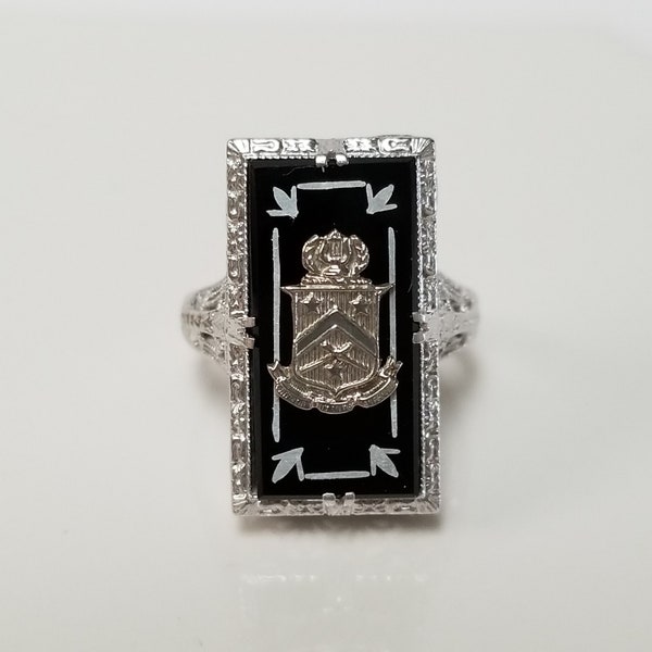 Size 6 Estate 14k White Gold Black 5ct Onyx Filigree Antique Vintage Crest Shield Stars Sorority Ring