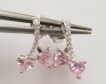 Estate Sterling Silver 925 Pink Heart 1ct Sapphire or Ice with Cz Diamond Earrings Studs Stud E34-2