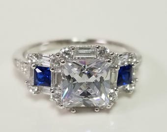 Estate Sterling Silver 925 Cz 3ct Diamond Princess Cut Sapphire Stone Cocktail Ring Band SWS3