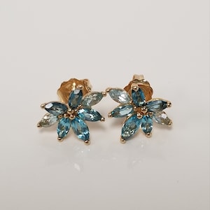 Estate New 10k Yellow Gold Natural Blue 1ct Aquamarine Marquise Cut Flower Studs Earrings Butterfly Ocean BC71