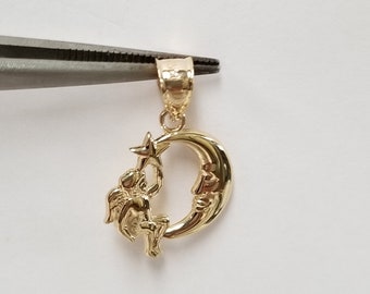 7/8" Estate 14k Yellow Gold Angel Moon Star Pendant Charm Sitting on a Moon Star G360