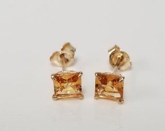 4.5mm New 14k Yellow Gold Natural Honey Lemon .50ct Citrine Azotic Topaz Princess Cut Square Earrings Studs .75ct G159