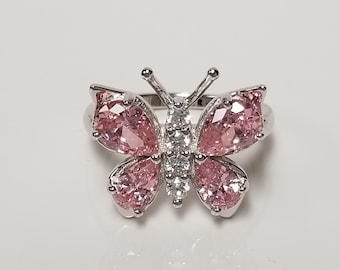 Sale Estate Sterling Silver 925 Pink Ice Cz Diamond Accents Butterfly Ring SWCZ5-03