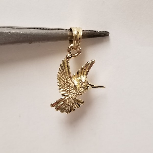 1" Estate 14k Yellow Gold Hummingbird Flower Pendant Charm G497