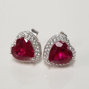 Estate Sterling Silver 925 Created 2ct Ruby Heart Cz Diamond Princess Earrings Studs E56-1