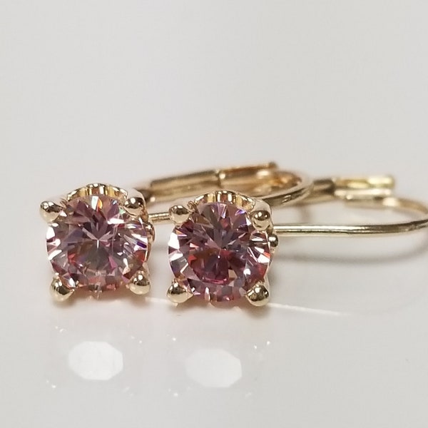 Estate 14k Yellow Gold Mystic 1ct Lab Morganite Swarovski Pink Lever Back Earrings Studs GS2326-1