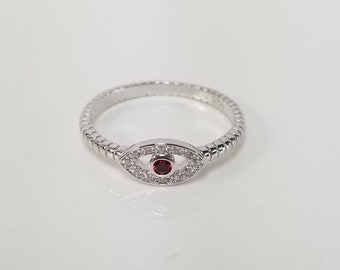 Size 5 6 7 9 Estate Sterling Silver 925 Red Orange Fire .05ct Garnet Cz Diamond Evil Eye Ring Band R147