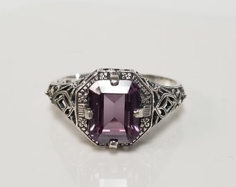 Size 5 or 10 Estate Sterling Silver 925 Rainbow 3ct Mystic Blue Alexandrite Emerald Cut Filigree Vintage Style Ring Pinky Birthstone JL88-01